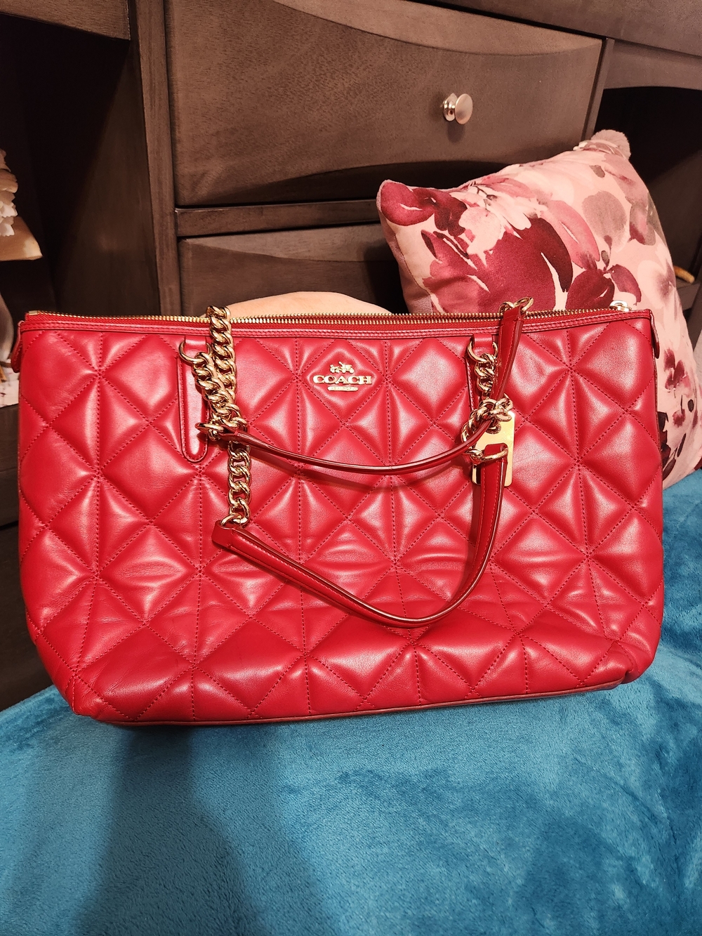Coach Quilted Red Leather Tote with Gold Chain Handles